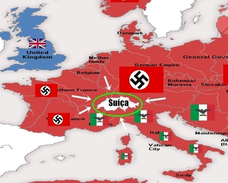 Mapa da Europa na Segunda Guerra Mundial com a Suíça cercada por territórios do Eixo